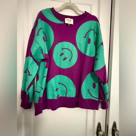 Fantastic Fawn Sweaters - Fantastic Fawn Purple Sweater with Teal Smiley Print